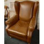 FINE QUALITY DARK BROWN LEATHER WING BACK ARMCHAIR