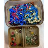 2 SOFT JWL BOXES CONTAINING COSTUME JWL INCL; EARRINGS, NECKLACES, WHITE METAL ETHNIC BROOCH