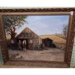 OIL PAINTING ON BOARD, THE BLACKSMITH'S SHOP, SIGNED & DATED