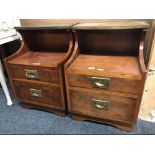 PAIR OF FLAME VENEERED LEATHER TOPPED WITH BRASS HANDLES BEDSIDE CABINETS