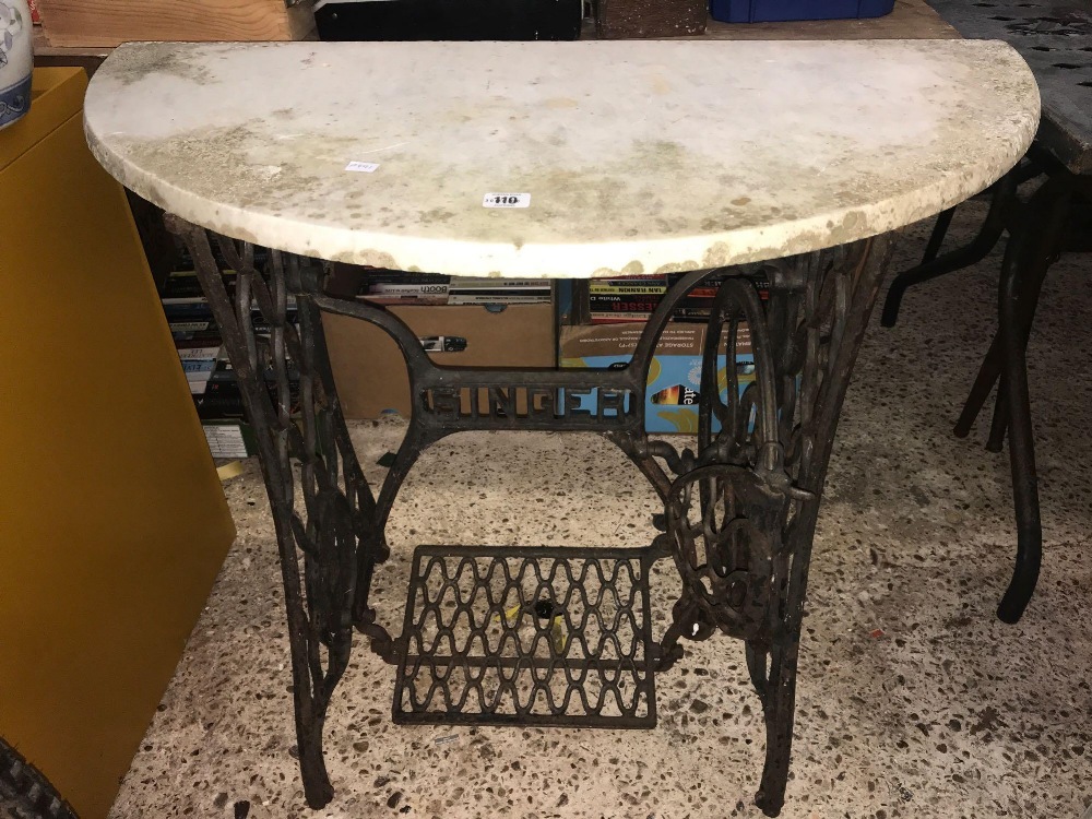 CAST IRON SINGER SEWING MACHINE TREADLE BASE WITH HALF CIRCLE MARBLE TOP