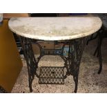 CAST IRON SINGER SEWING MACHINE TREADLE BASE WITH HALF CIRCLE MARBLE TOP