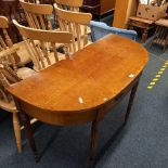 MAHOGANY REPRODUCTION HALF MOON HALL TABLE WITH TURNED LEGS (TOP SCRATCHED)