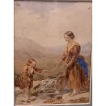 VICTORIAN WATERCOLOUR OF A MOTHER A CHILD IN A MOORLAND LANDSCAPE