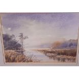 KAY RILEY, WATERCOLOUR VIEW OF MISTY RIVER LANDSCAPE, SIGNED