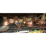 SHELF WITH 3 COPPER MIDDLE EASTERN WATER JUGS, COPPER FRYING PAN, 3 COPPER KETTLES & A COPPER SCOOP