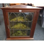MAHOGANY ART NOUVEAU CORNER WALL CUPBOARD WITH LEADED GLASS FRONT & BRASS DROP HANDLE