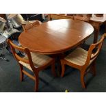 OVAL EXTENDING YEW WOOD DINING TABLE WITH CENTRAL LEAF & HEAVY PEDESTAL LEGS & 4 MATCHING