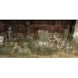 SHELF OF MIXED GLASSES INCL; DECANTERS & FRUIT BOWLS