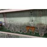 SHELF OF VARIOUS DECANTERS, TANKARDS, GLASSES & GOBLETS