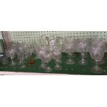 SHELF OF VARIOUS CUT GLASS WINE, SHERRY & LIQUOR GLASSES ETC