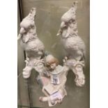 RESTING LLADRO CLOWN & 2 WHITE PORCELAIN PARROTS WITH DRESDEN END MARK A/F