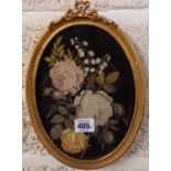 PAIR OF SMALL OVAL GILT FRAMED SILK FLORAL EMBROIDERIES
