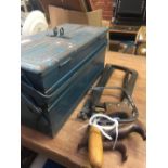 BLUE CANTILEVER TOOL BOX WITH CONTENTS, HACK SAW & 2 BUTCHER MEAT SAWS