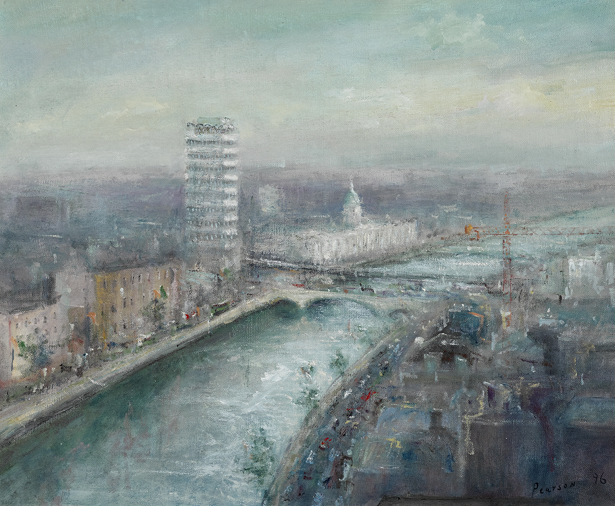 Peter Pearson (b.1955) LOOPLINE BRIDGE AND CUSTOMS HOUSE, DUBLIN, 1996 oil on board signed and dated