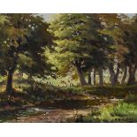Charles J. McAuley RUA ARSA (1910-1999) RIVER IN WOODLAND WITH CATTLE IN THE DISTANCE oil on