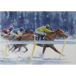 Peter Curling (b.1955) 'YELLOW JOCKEY', RACING, ST. MORITZ, 2008 watercolour signed lower left;