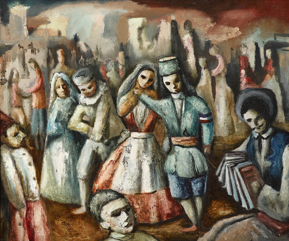 Daniel O'Neill (1920-1974) THE DANCE OF THE DOLLS oil on canvas laid on board titled on reverse 20