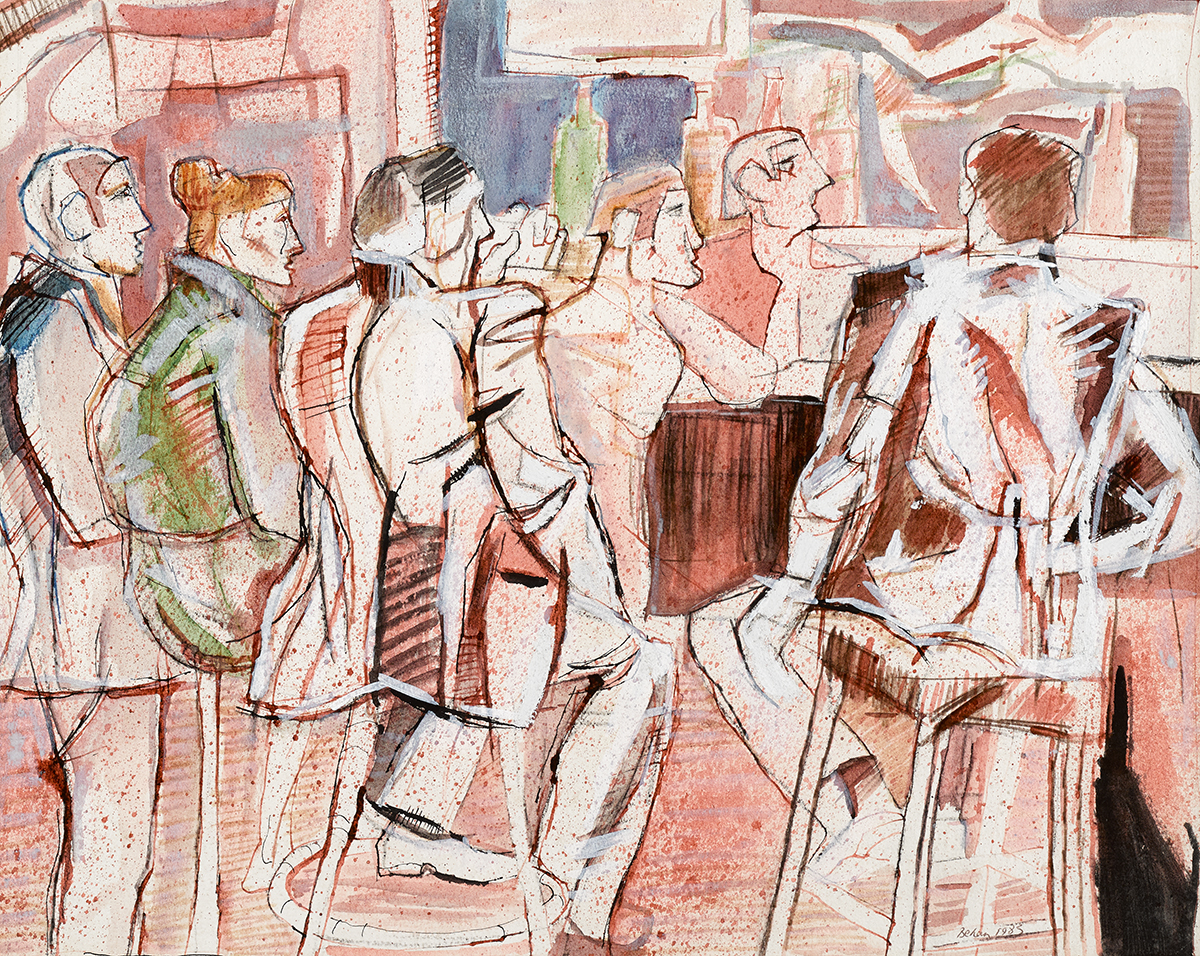 John Behan RHA (b.1938) PUB SCENE, 1983 watercolour signed and dated lower right 15.50 by 19.