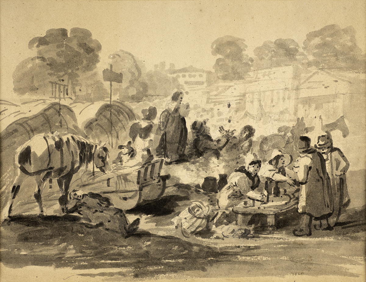 Samuel Frederick Brocas (c.1792-1847) MARKET SCENE pencil and wash; (double sided) signed on reverse