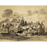 Samuel Frederick Brocas (c.1792-1847) MARKET SCENE pencil and wash; (double sided) signed on reverse
