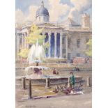 Mary Georgina Barton SWA (1861-1949) FOUNTAIN IN TRAFALGAR SQUARE, LONDON watercolour heightened