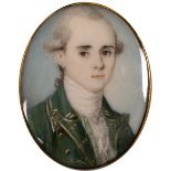 Attributed to John Stordy (d.1799) GENTLEMAN IN GREEN AND GOLD COATEE miniature watercolour in