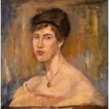 Cecilia Loane (fl.1918-1925) PORTRAIT OF A WOMAN IN A YELLOW SAFFRON DRESS AND WEARING A PENDANT,