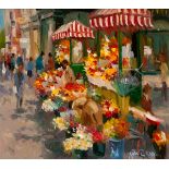 Liam Treacy (1934-2004) FLOWER SELLERS, GRAFTON STREET, DUBLIN oil on canvas signed lower right 10