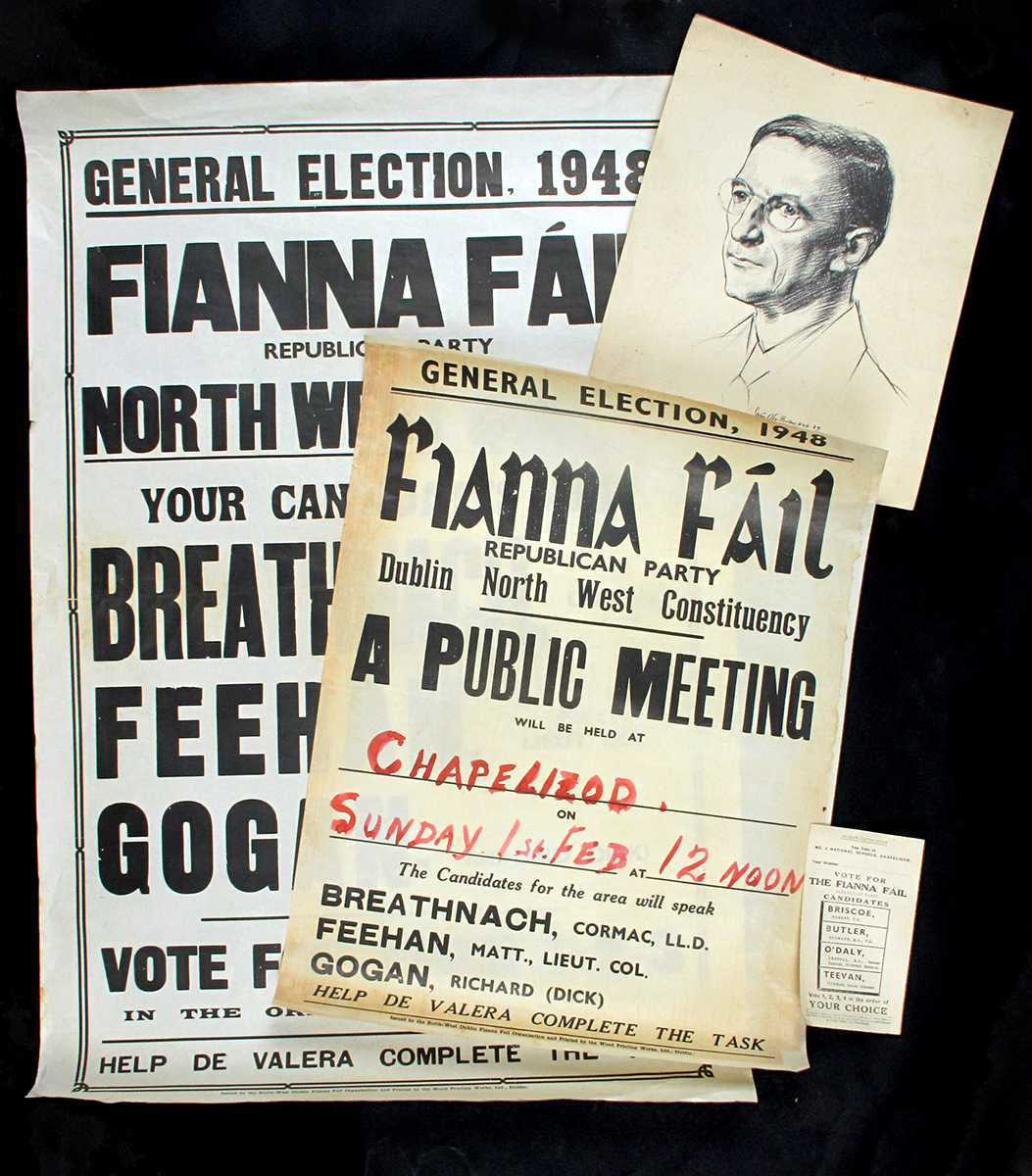 1948 Fianna Fail Dublin, General Election ephemera An election poster for the Three Fianna Fail