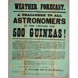1895 (20 September). Poster "WEATHER FORECAST - A CHALLENGE TO ALL ASTRONOMERS" Black on green,