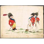 1824 caricature drawing of a military officer and two infantrymen. Ink and watercolour in the