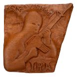 Circa 1975 wood carving by an internee at Long Kesh Image of a hooded Volunteer with an automatic