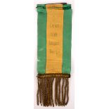 Circa 1900 United Irish League Derry ribbon badge. Green and orange ribbons and gold bullion