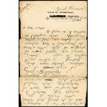 1916 (6 October) letter from Ernest Blythe in Reading Gaol to John Ashe. In Blythe's hand in ink and