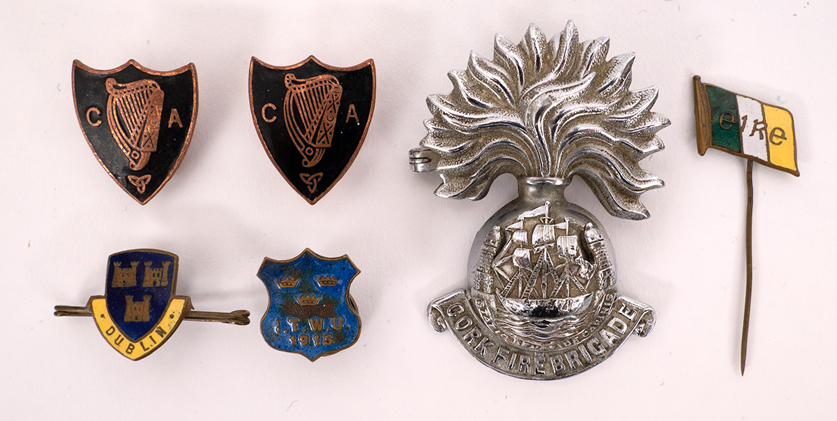 Cork Fire Brigade badge and other badges (6) White metal grenade pinback, also 1939-1946 Local