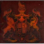 Early 19th century Royal Mail coach panel decorated with royal arms . Leather laid down to wood
