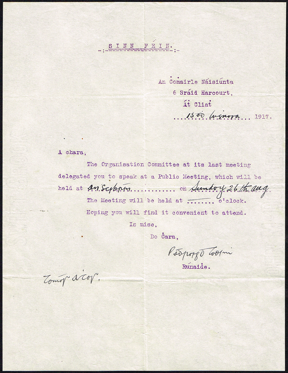 1917 (June & July) letters inviting Thomas Ashe to speak at the Feis in Listowel and Skibbereen From - Image 2 of 2