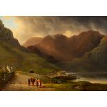 19th Century School FIGURES WALKING TOWARDS A HARBOUR IN A MOUNTAINOUS LANDSCAPE oil on panel 11 by