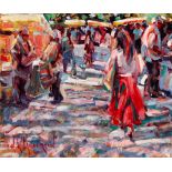 Arthur K. Maderson (b.1942) THE FRIDAY MARKET, GRANGES, FRANCE oil on board signed lower left;