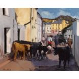 Cecil Maguire RHA RUA (1930-2020) FAIR DAY, CLIFDEN, COUNTY GALWAY, JULY 1989 oil on board signed