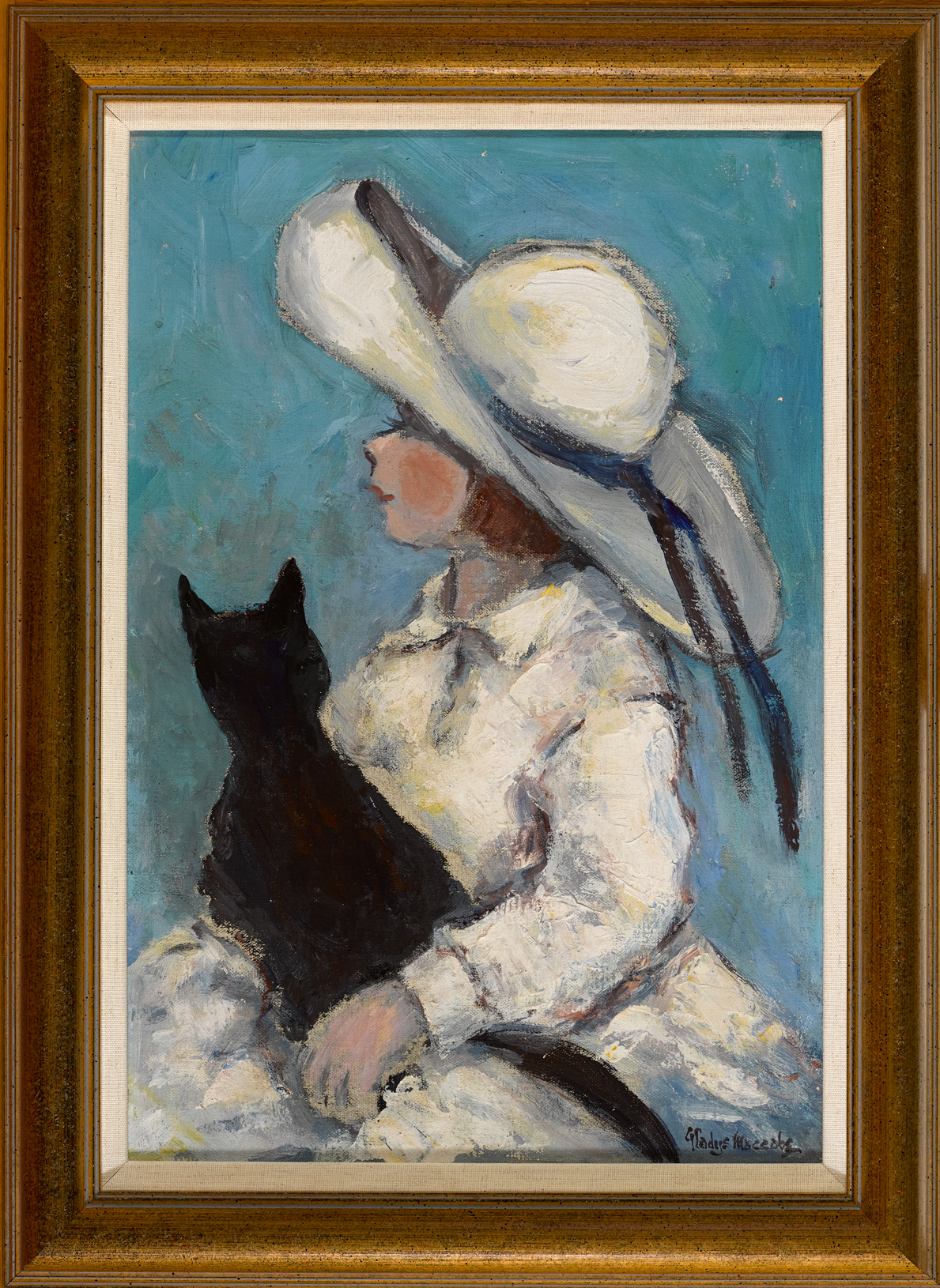 Gladys Maccabe MBE HRUA ROI FRSA (1918-2018) ISABEL WITH HER CAT oil on canvas signed lower right; - Image 2 of 5