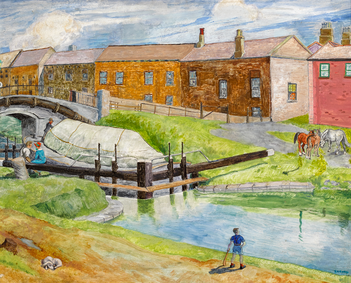 Harry Kernoff RHA (1900-1974) GRAND CANAL LOCK, DUBLIN, 1935 oil on board signed lower left;