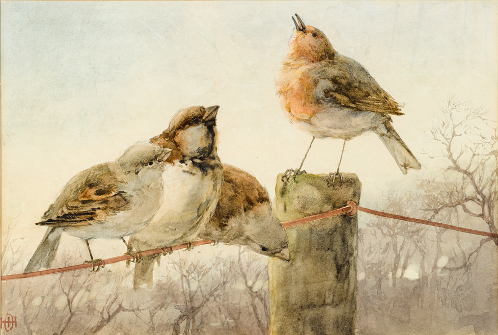 Helen O'Hara (1846-1920) BIRDS ON A WIRE AND WOODEN POST watercolour signed with monogram lower left