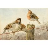 Helen O'Hara (1846-1920) BIRDS ON A WIRE AND WOODEN POST watercolour signed with monogram lower left