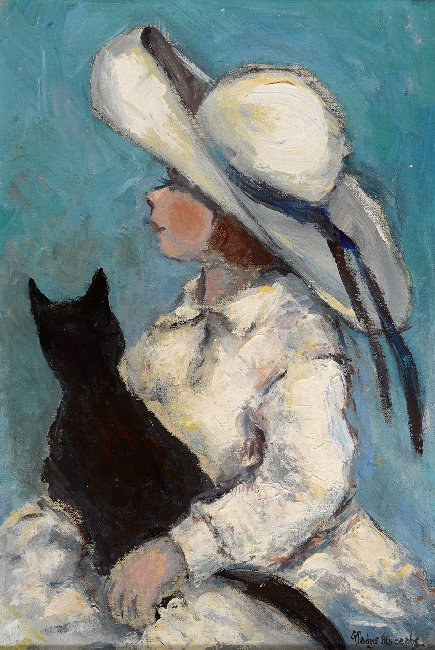 Gladys Maccabe MBE HRUA ROI FRSA (1918-2018) ISABEL WITH HER CAT oil on canvas signed lower right;