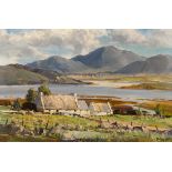 Rowland Hill ARUA (1915-1979) COTTAGES, WEST OF IRELAND oil on canvas signed lower right 15 by 23in.