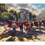 Norman Teeling (b.1944) HORSE AND CARRIAGE AT FUSILIERS' ARCH, ST STEPHEN'S GREEN, DUBLIN oil on