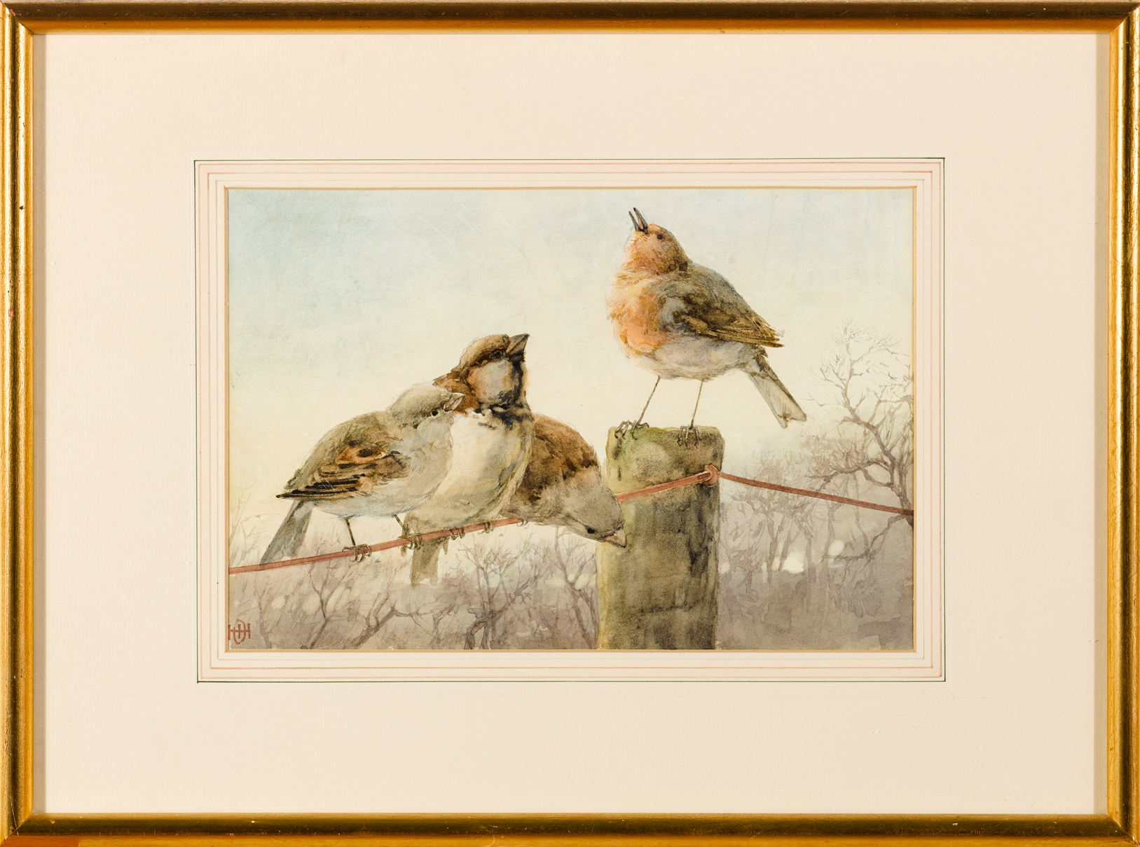 Helen O'Hara (1846-1920) BIRDS ON A WIRE AND WOODEN POST watercolour signed with monogram lower left - Image 2 of 5