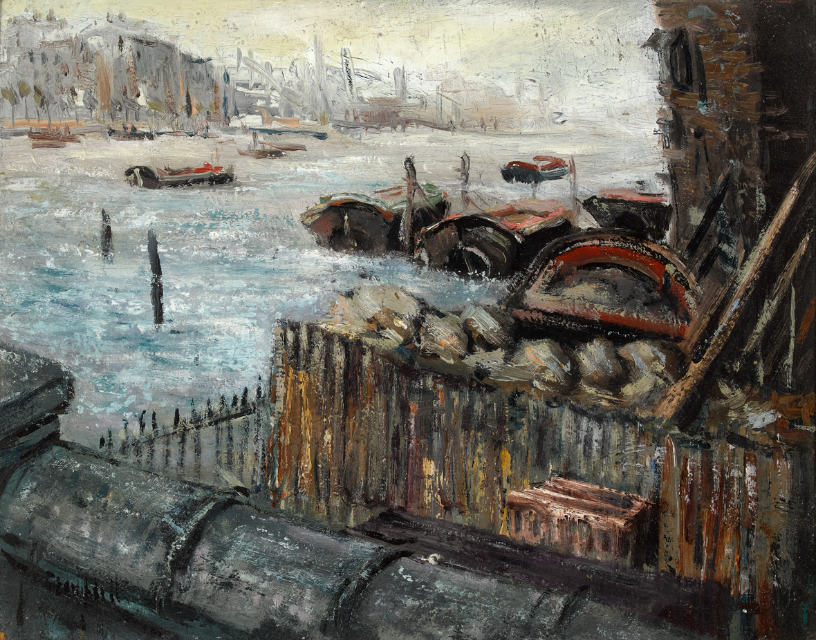 George Campbell RHA (1917-1979) CHELSEA FROM BATTERSEA BRIDGE, LONDON oil on board signed lower